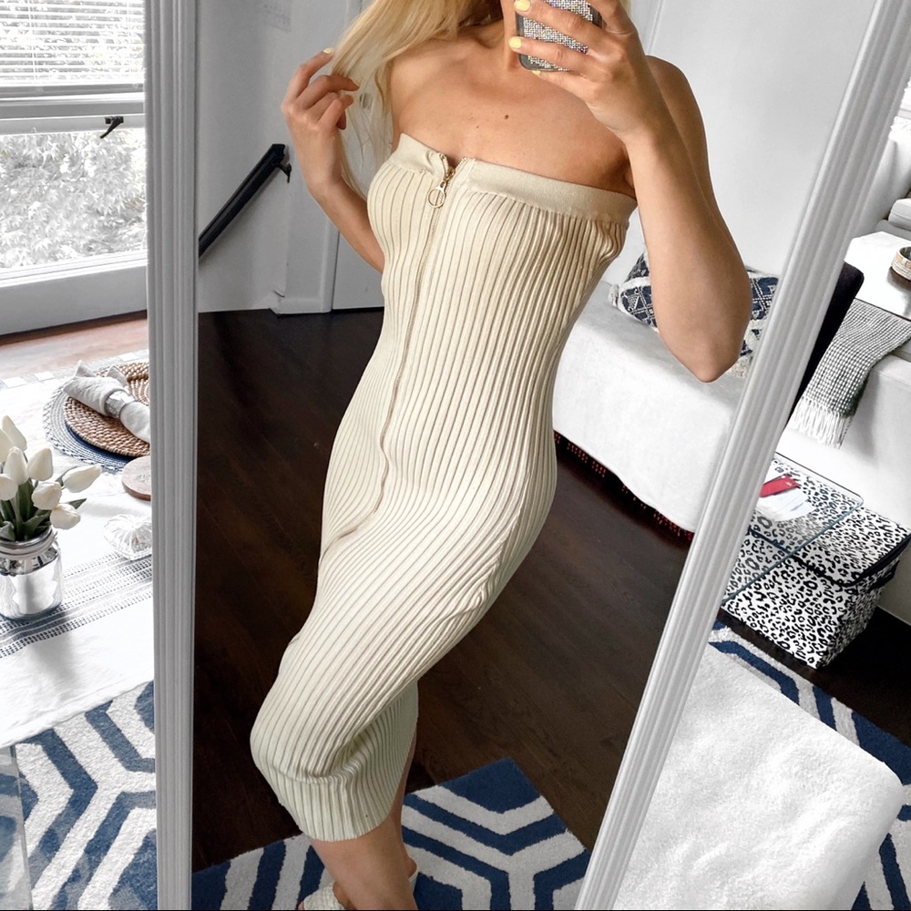 🍃 REHAB SAGE RIBBED CHUNKY ZIPPER OPEN SHOULDER BODYCON MIDI DRESS! - Picture 2 of 10